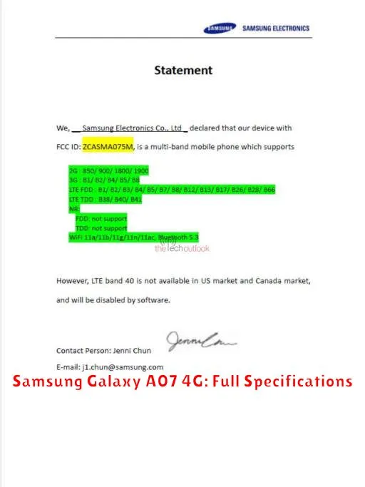 Samsung Galaxy A07 4G: Full Specifications